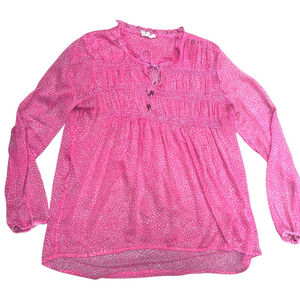 Roxy Bright Pink & White Sheer Top Long Sleeve Peasant Beach Summer Size Medium